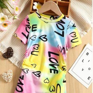 Adorable Toddler Girls Tie Dye & Letter Graphic Side Tee Dress